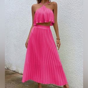 SHEIN Privé Solid Pleated Cami Top & Skirt Set- Hot Pink L